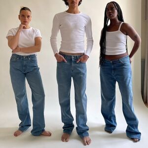 DJERF selvedge Jeans Mid-Wash Blue High Rise Extra Long Stretch Denim Size 27